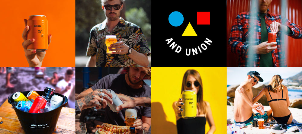 Collage of AND UNION craft beers and products and smiley logo