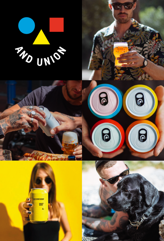 Collage of AND UNION craft beers and products and smiley logo